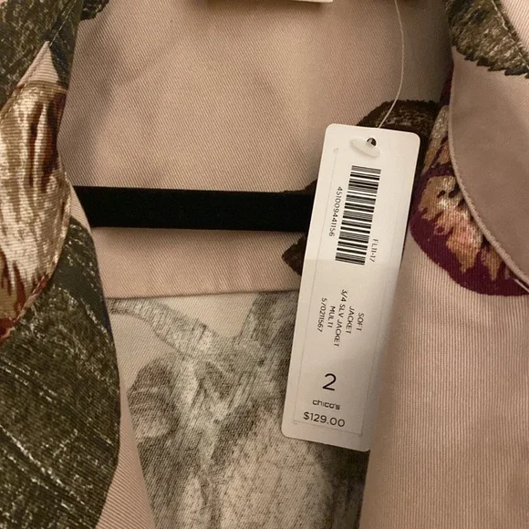 Chico's Cream Trench Coat Blazer with Botanical Print size 2 L - Picture 6 of 11